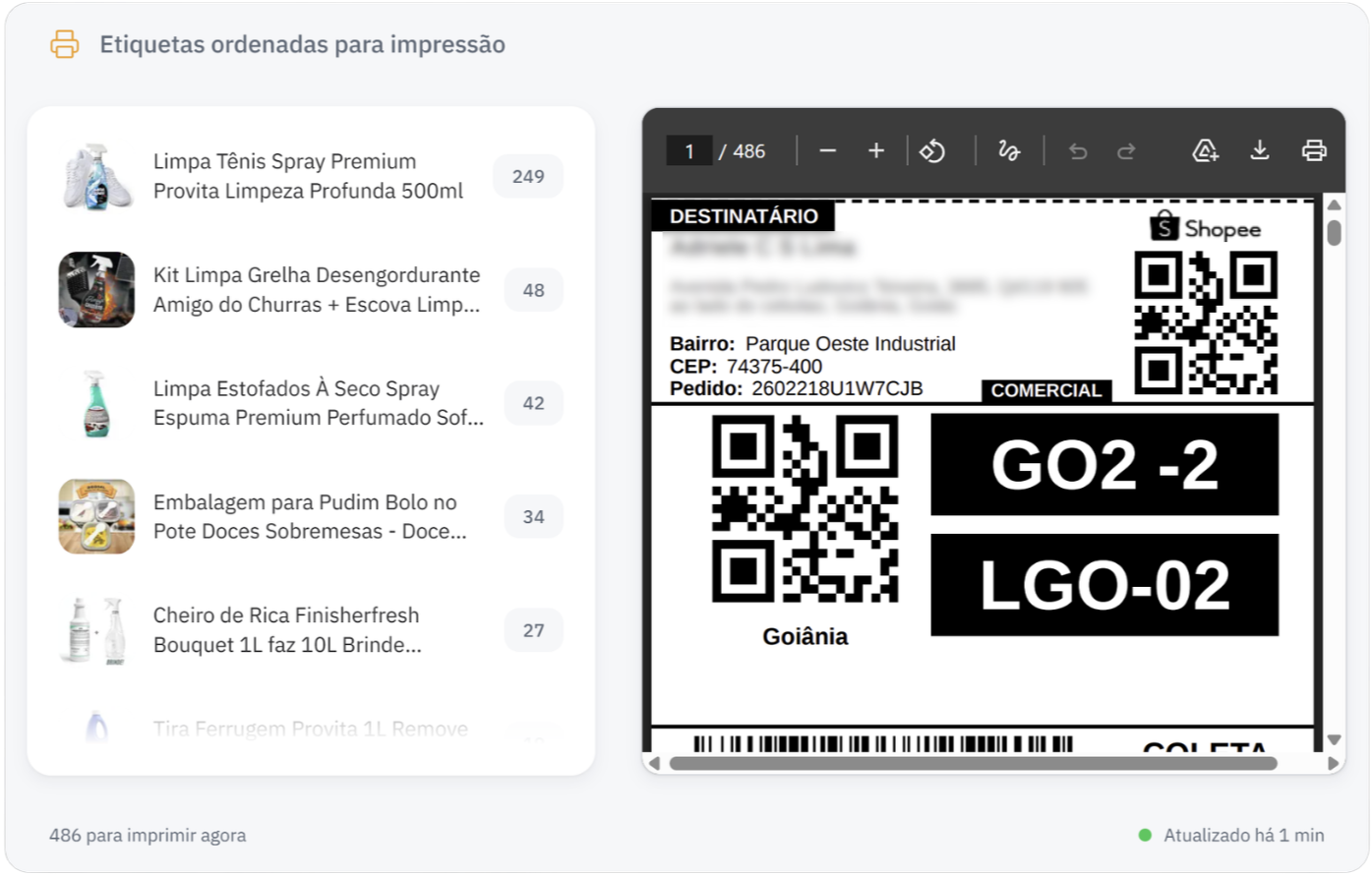 Demonstração da ordenação por SKU